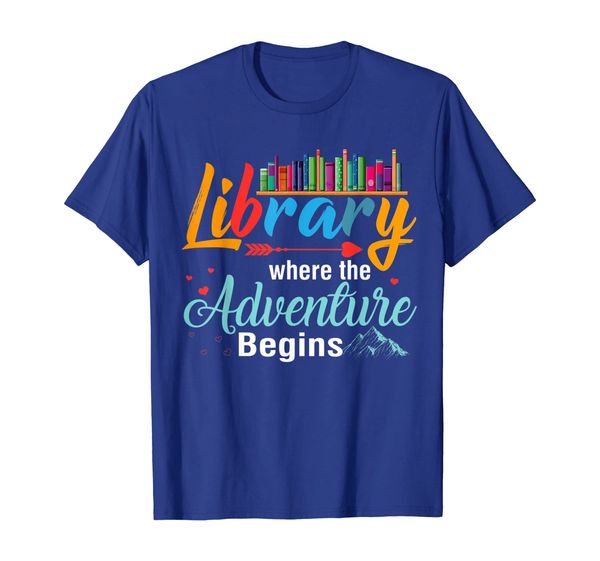 

library books adventure begins librarian gift t-shirt, White;black