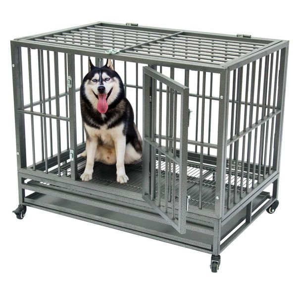 Heavy Dog Cage Cate Kennel Metal Pet Playpen Tepsi Silver259p ile Taşınabilir