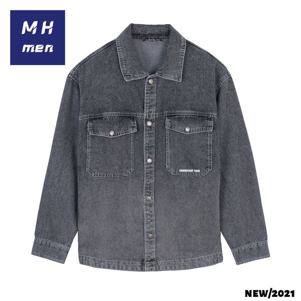 

mh menswear 2021 autumn trendy letter printed lapel casual quality men's denim et, Black;brown