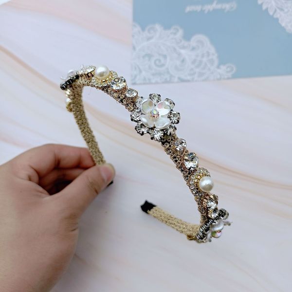 

75% off design new baroque rhinestone hairpin heavy metal pearl hoop headband alloy flower pressure headdress, Silver