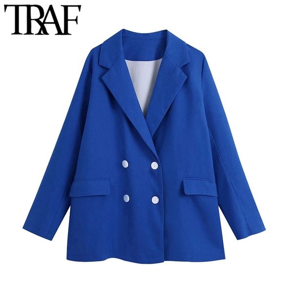 

traf women fashion oversized double breasted blazer coat vintage long sleeve flap pockets female outerwear chic veste 211006, White;black