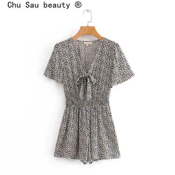 

beauty casual chic floral print summer jumpsuit women blogger fashion bow v-neck elastic waist jumpsuits mono mujer 210514, Black;white