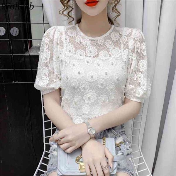 

blusas mujer chic heavy lace beading blouses women summer shirts temperament slim blouse korean white 95313 210519