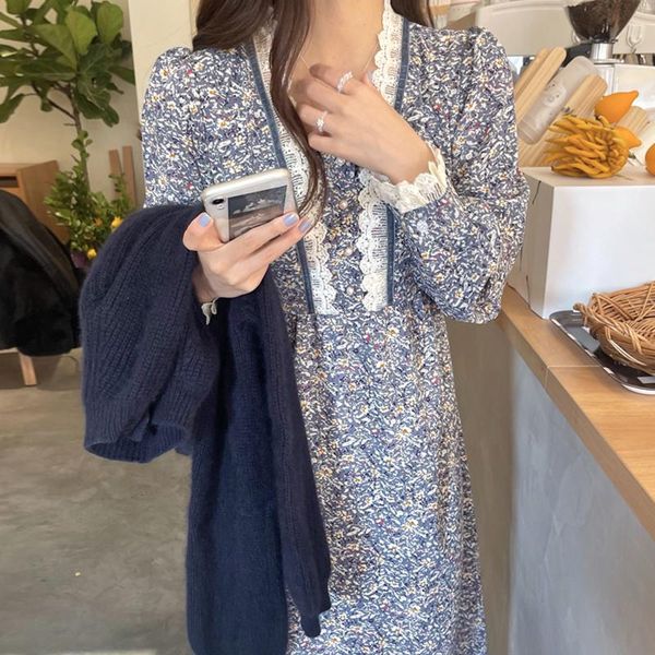 

casual dresses floral dress women vintage square collar lace slim waist puff sleeve vestidos mujer elegant korean style chic sweet robe femm, Black;gray