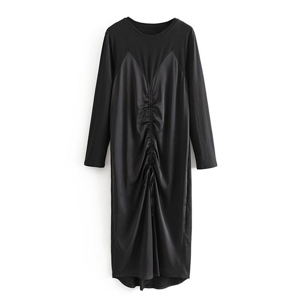 

vintage stylish satin patchwork dress fashion women o neck fold dresses elegant ladies ankle length long sleeve 210531, Black;gray
