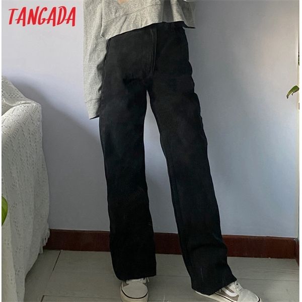 

tangada 2021 fashion women high waist black long jeans pants trousers pockets buttons female denim pants 4m63, Blue