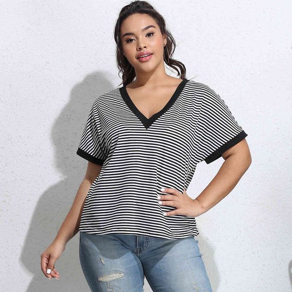 

plus size dresses hy365021# loose large short sleeve t-shirt stripe v-ne simple casual top