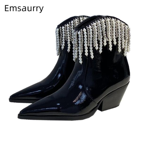 

boots string bead tassels ankle women pointed toe med heel black patent leather slim runway botas winter booties for girls