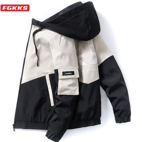 FGKKS sonbahar marka erkekler kapüşonlu ceketler moda hip hop fermuar ceket yüksek sokak patchwork gevşek rahat erkek satış 210811