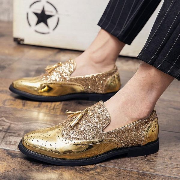 

vintage british men's gold sequins tassel dress oxford shoes luxury male moccasins wedding prom sapato social masculino, Black