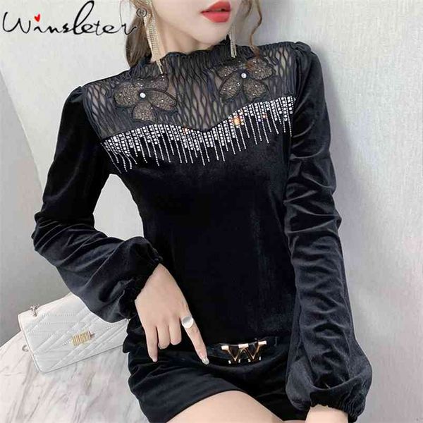 

spring fall korean style t-shirt girl shiny diamonds patchwork patch long sleeve women pleuche all match tees t11402a 210421, White