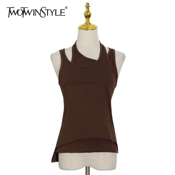 

minimalist hollow out vest for women o neck sleeveless slim joker fake two vests female fashion summer style 210524, White