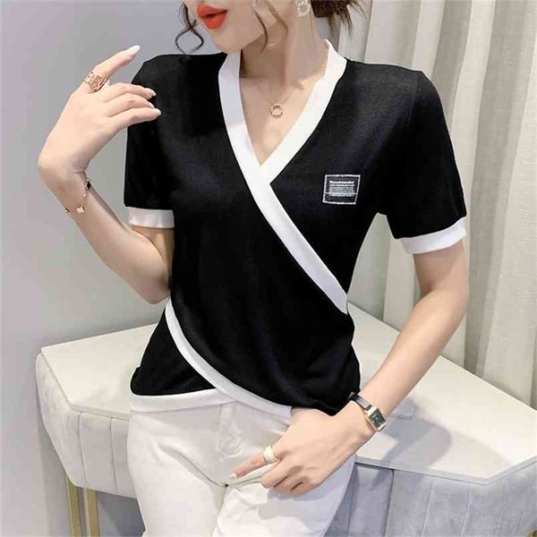 

europe short sleeve womens tshirt casual splicing fashion crop t shirt ladies tee summer plus size 210507, White