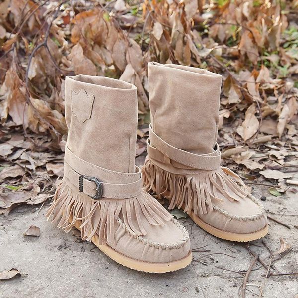 

boots woman girl thick shoes booties bohemian boho heel boot ethnic women tassel fringe faux suede leather ankle gladiator, Black