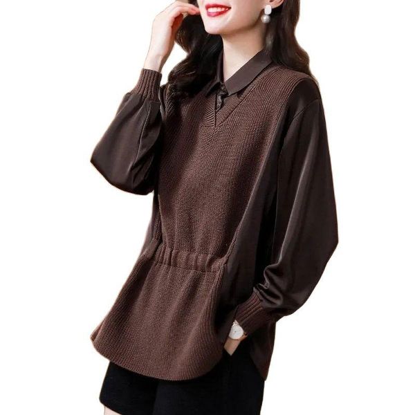 

women's sweaters fake two pieces fashion sense of luxury splicing ladies shirts 2021 spring autumn miss shirt chiffon knitting women bl, White;black