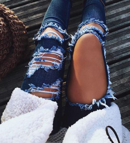 

women hole destroyed ripped distressed slim denim pants jeans trousers blue women's