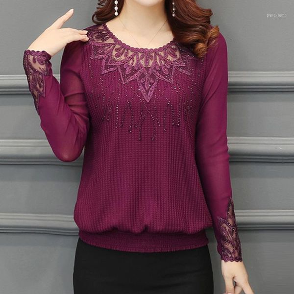 

women's blouses & shirts 2021 women shirt hollow out long sleeve embroidery sequin bead lace mesh blouse plus size blusa feminina, White