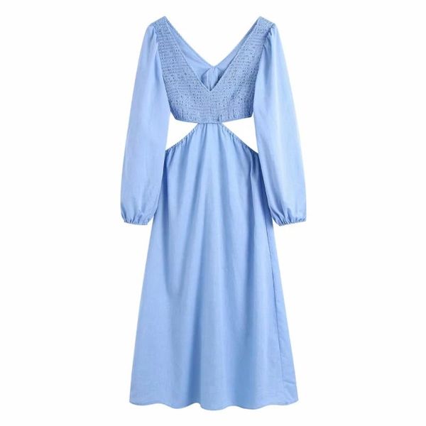 

casual dresses women waist hollow design v neck midi dress female lantern sleeve clothes lady slim vestido d8168, Black;gray