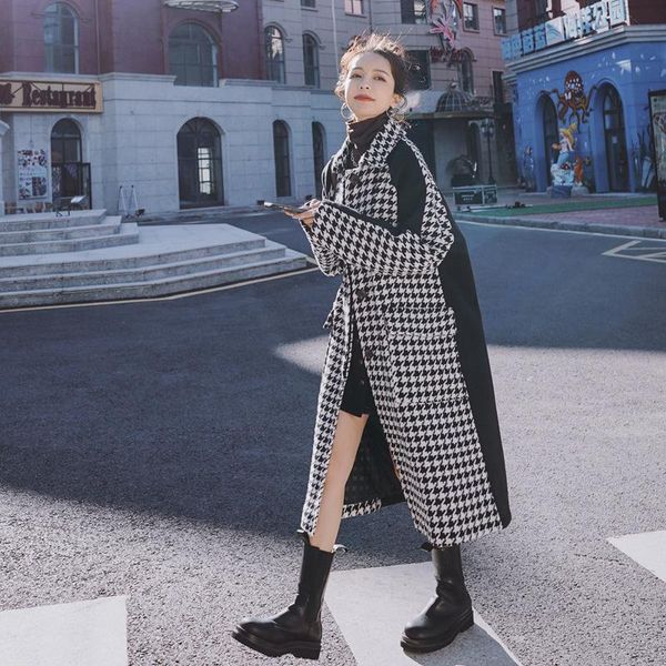 

women's wool & blends [ewq] korea chic women winter black plaid stitched single breasted long sleeve warm woolen coat female fashion 20