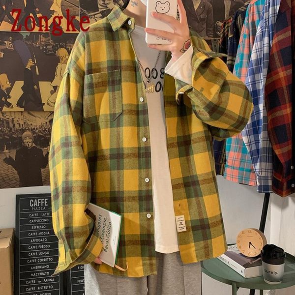 

zongke plaid shirt men checkered cotton white blouse korean clothes streetwear 2021 arrival -5xl men's casual shirts, White;black