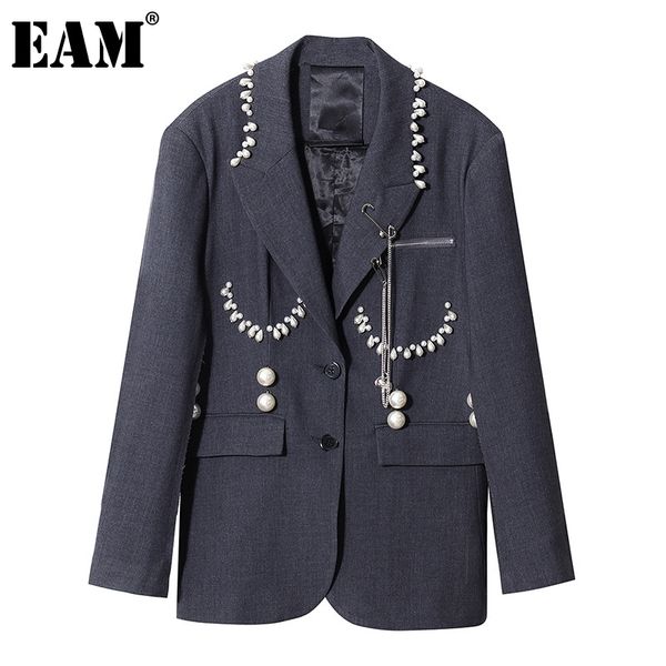 

[eam] women gray pearl chain single breasted blazer lapel long sleeve loose fit jacket fashion spring autumn 1dd5927 210512, White;black