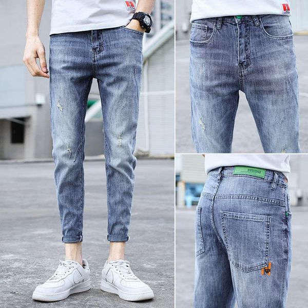 

men's trousers 2021 spring and summer teenagers ripped ankle-length street denim jeans trendy brand slim pencil pants men's, Blue