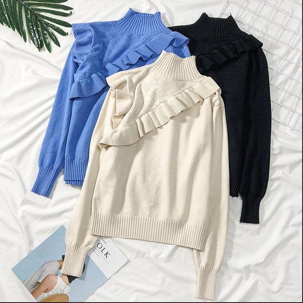 

ruffles turtleneck knitted womens sweaters hollow out long sleeve stretchy solid pullovers female soft warm casual slim jumper, White;black
