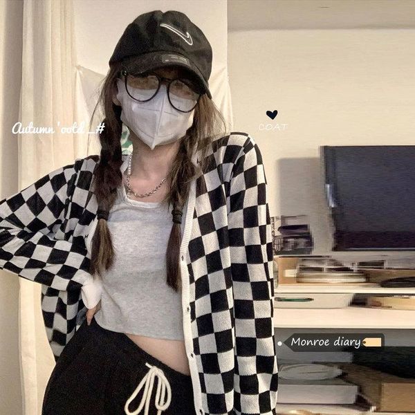 

women's knits & tees vintage long sleeve plaid knitted cardigan women autumn thin sweater coat 2021 single breasted outwear female fas, White