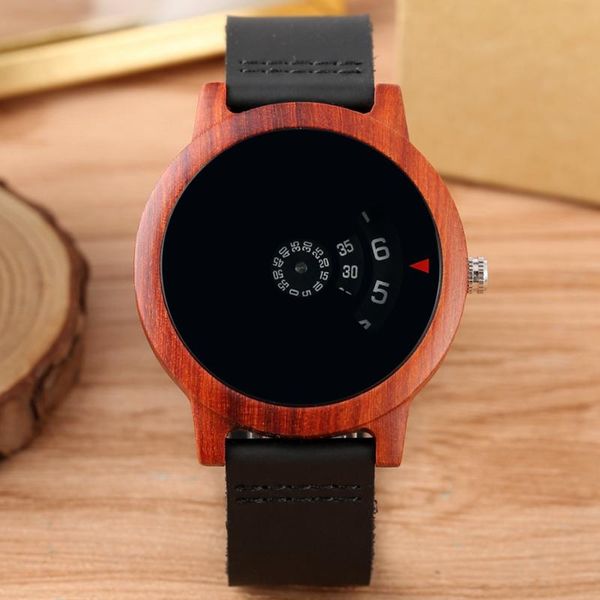 

wristwatches minimalist turntable wood watch unique fan-shaped dial art design quartz red sandalwood case leather band male wristwatch reloj, Slivery;brown