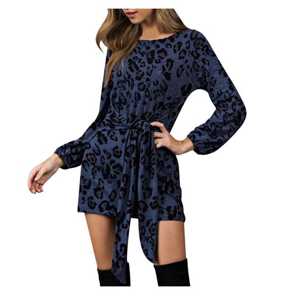 

plus size women leopard printed round neck dresses ladies tunic long sleeve party mini dress vintage vestidos for female 2021 casual, Black;gray