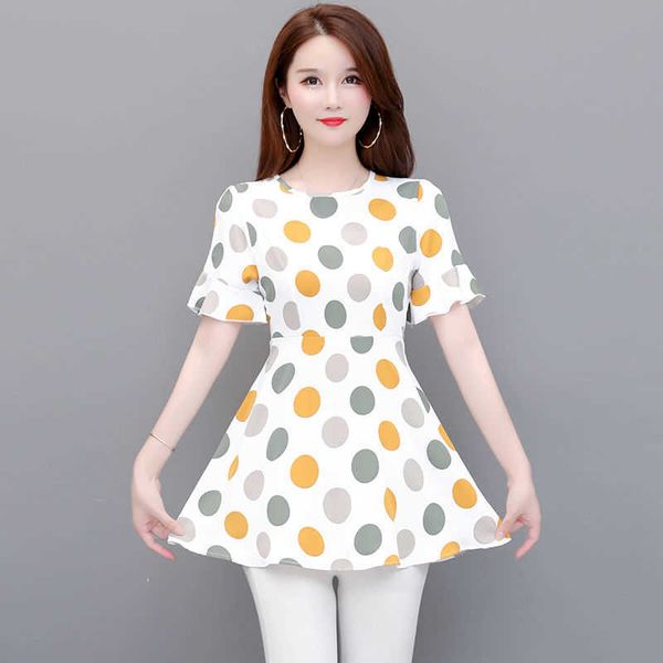 

women casual short sleeve chiffon blouses shirts lady polka dot flower printed o-neck pleated blusas df2876 210609, White