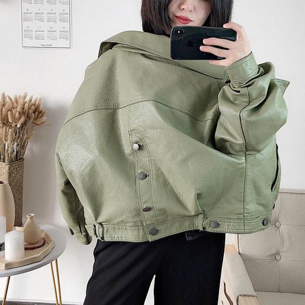 

women's leather & faux autumn women jacket vintage boyfriend style coat batwing sleeve short loose motor pu jackets biker outwear, Black