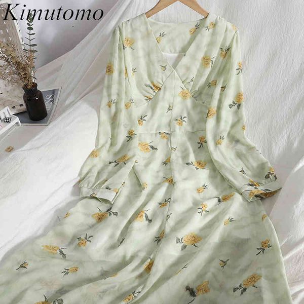 

kimutomo fresh style dresses girls floral print gentle chiffon clothing women korean v-neck long sleeve slim vestido elegant 210521, Black;gray