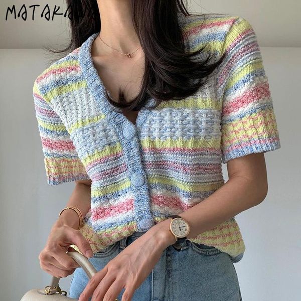

women's knits & tees matakawa sweaters sweet korean v-neck color striped cardigan crop short sleeve loose wild single-breasted knitted, White