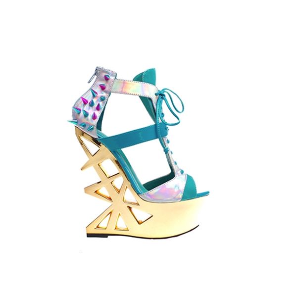 

sandal boat europe platform for exaggerated dance mixed color electro-optical bounty high tie jump rivets above women sandals, Black