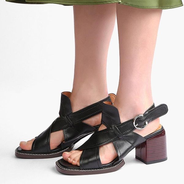

sandals genuine leather for women shoes square high heels gladiator retro ladies office summer footwear, Black