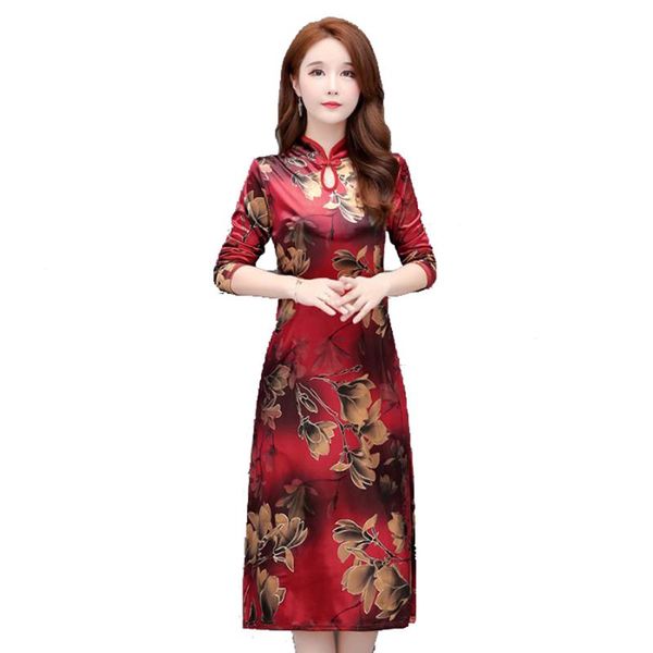 

casual dresses 2021 autumn women dress plus size 5xl female cheongsam slim chinese traditional print wedding party, Black;gray