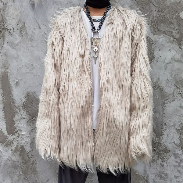 

tide winter faux fur coat tide fashion 2021 new men and women's mid length fur jacket high street hip-hop retro coats, Black