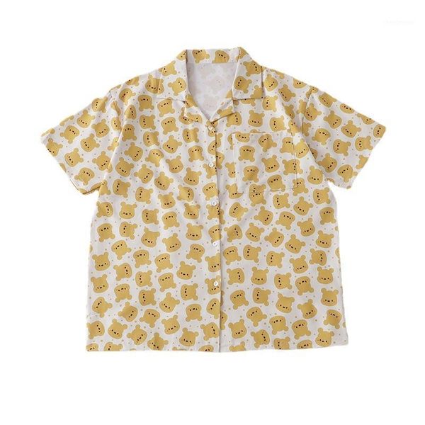 

women's blouses & shirts casual loose shirt summer preppy style bear print single-breasted girl chiffon, White