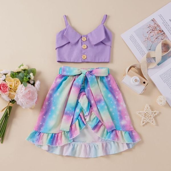 

princess style summer dress set baby clothes toddler girls suspender +rainbow tie-dyed printed ruffles skirt outfits#35 clothing sets, White
