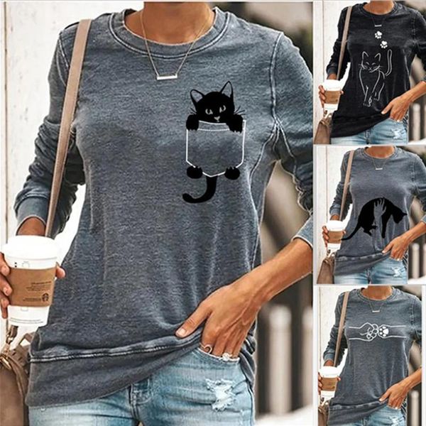 

cute cat print long sleeve round neck pullover women's t-shirt casual all-match novel t-shirts women cotton black gray, White