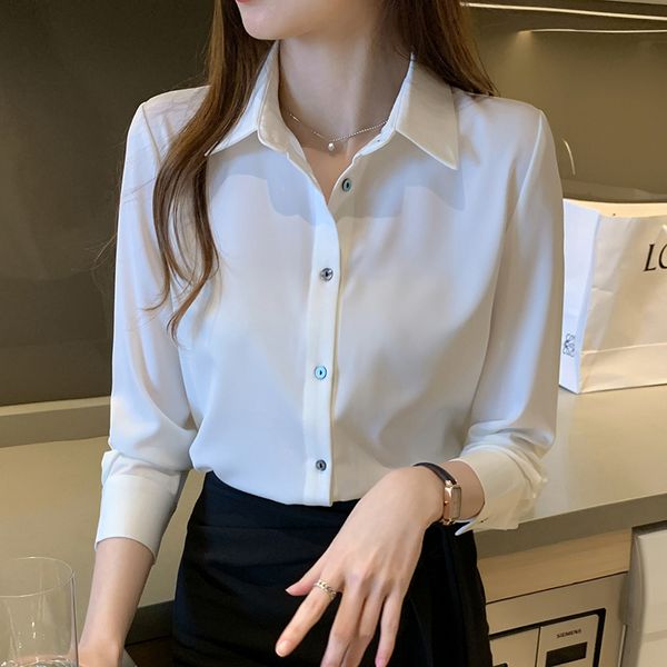 

spring autumn womens and blouses solid chiffon office lady shirt 210514, White