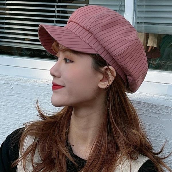 

painter hat female spring korean version vertical striped octagonal british retro spaper fashion beret tide berets, Blue;gray