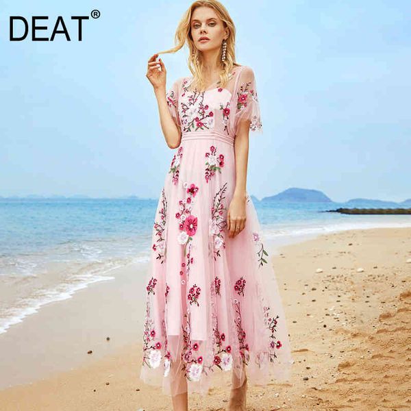 

[deat] summer new fashion tide v-neck high waist embroidery short sleeve printing loose elegant beach dress 13c436 210430, Black;gray