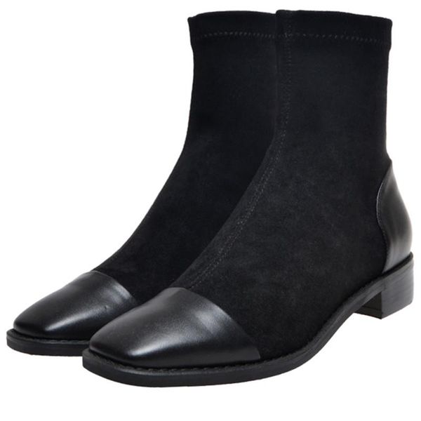 

boots fashion leather flok women ankle breathable thick heel slip-on ladies short botas feminina feminin, Black