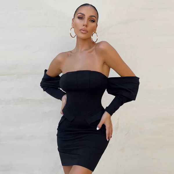 

ocstrade bandage dress off shoulder black bodycon fashion women long sleeve night club party es 210527, Black;gray