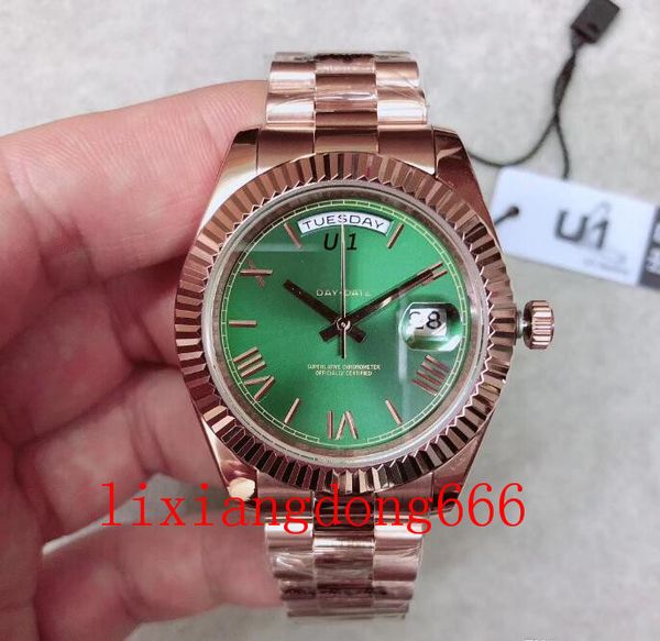 

outdoor automatic mechanical mens watch watches 40mm olive green dial with fixed fluted bezel and rose gold stainless steel bracelet, Slivery;brown
