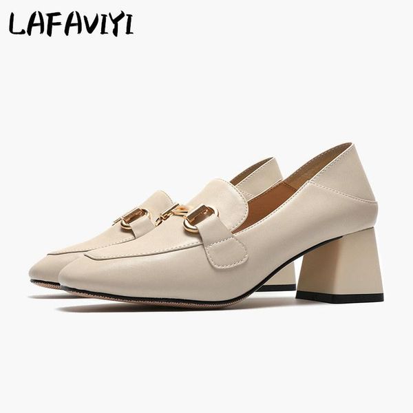 

dress shoes 2021 fashion metal decorative buckle casual high-heeled loafers thick heels square head women's, Black