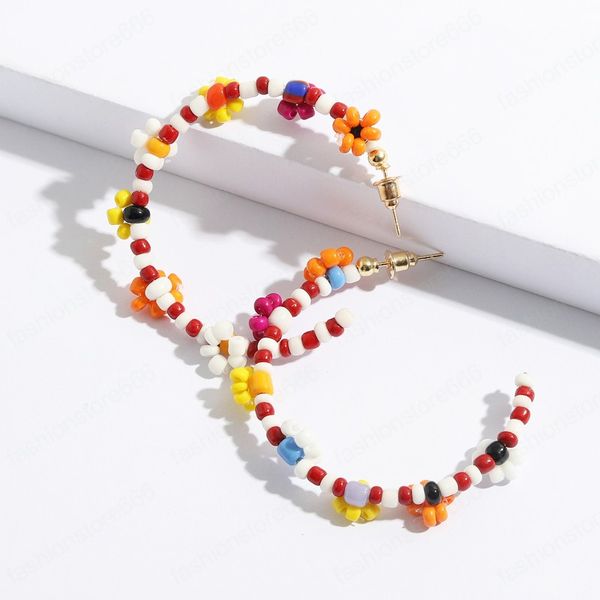 Bohemian Cute Colorful Beaded Flower ZA Orecchini a forma di C per donne Ragazze Trendy Summer Big Hoop Orecchini Jewelry Party