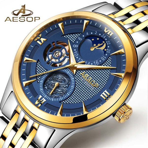 

aesop men watches brand luxury automatic mechanical complete steel business waterproof sports relogio masculino, Slivery;brown